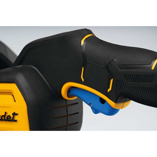 CubCadet 41AT6HK-603 close-up side view of black and yellow handle with blue trigger, product photography.