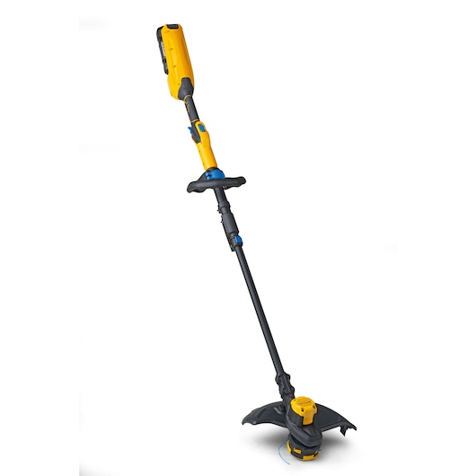 CubCadet 41AT6TGT603 yellow and black string trimmer side angle on white background.