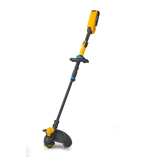 CubCadet 41AT6TGT603 cordless string trimmer, yellow and black, side angle on white background.