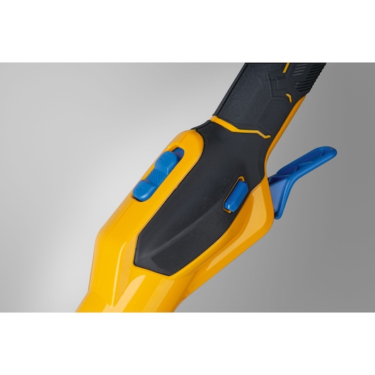 CubCadet 41AT6TGT603 trimmer handle with yellow and black body, blue controls, front angle photo.