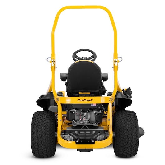 CubCadet 47AICAB6603 zero-turn lawn mower rear view with yellow frame and black seat on white background.