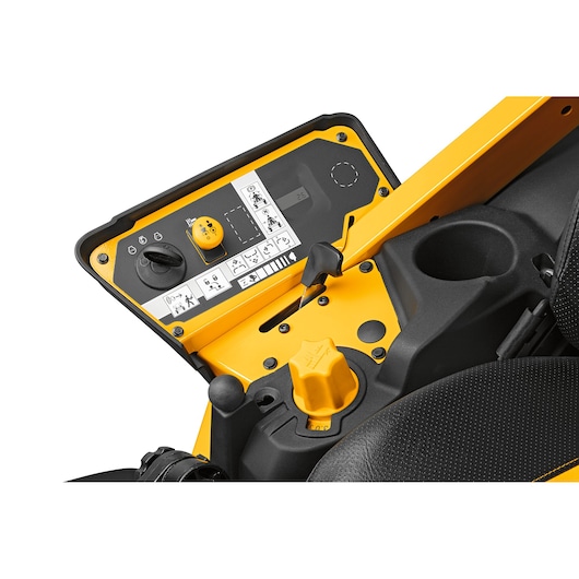 CubCadet 47AICAB6603 mower control panel, close-up angle, shows yellow knobs and illustrated instructions.