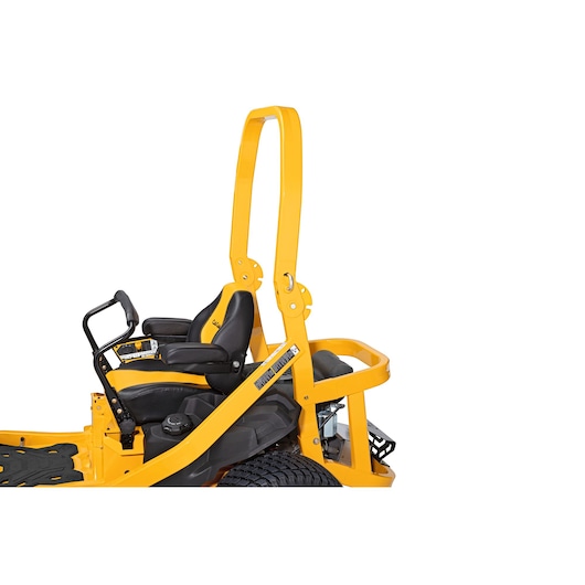 CubCadet 47AICAB6603 photography of lawn mower operator seat and yellow safety roll bar, side angle.