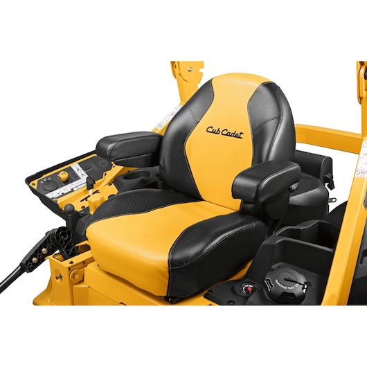 CubCadet 47AICAB6603 lawn mower seat in yellow and black with armrests, close-up side view.