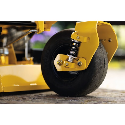 CubCadet 47ATAHA8603 mower front wheel and suspension close-up, XZ7-L152i-ULTIMA photography.