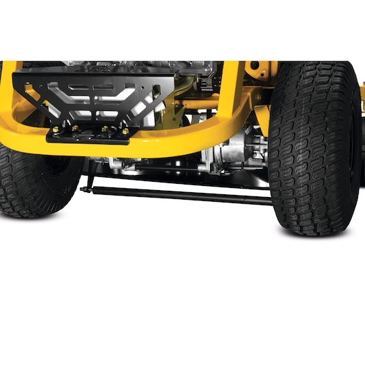 CubCadet 47ATAHA8603 XZ7-L152i-ULTIMA lawn mower front close-up, showing yellow frame and tire.