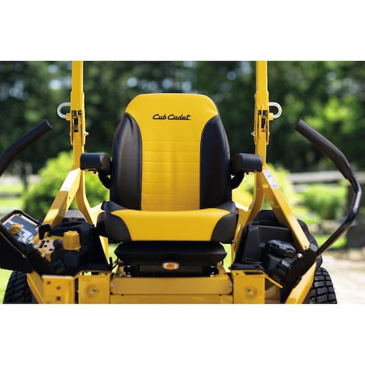 CubCadet 47ATAHA8603 XZ7-L152i-ULTIMA lawn mower seat, yellow and black, front angle, outdoor.