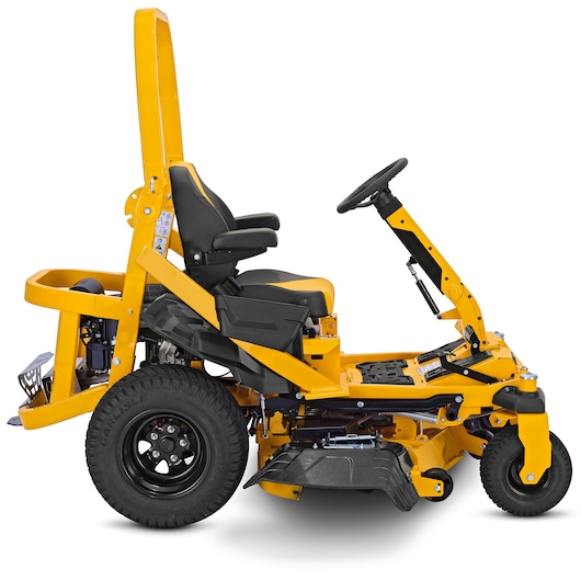 CubCadet 47ATCAB7603 zero-turn lawn mower side view, yellow body, black seat, white background.