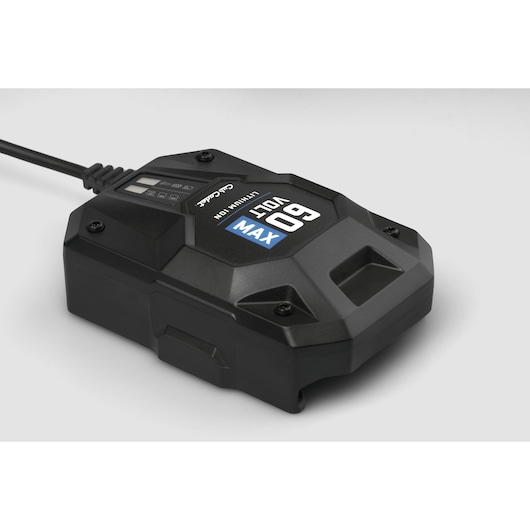 CubCadet 49AL601-603 lithium-ion 60V MAX battery charger, angled view on white background.