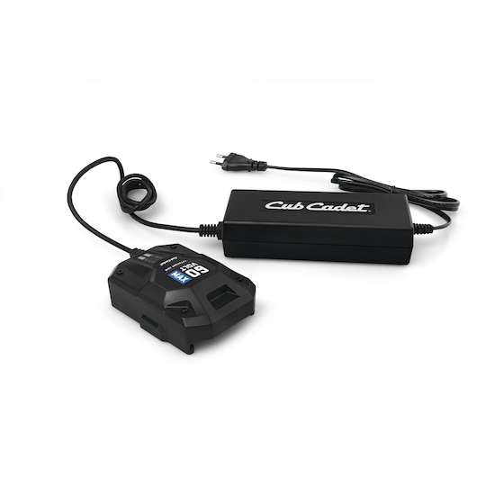 CubCadet 49AL601-603 battery charger and power adapter, black, front angle, white background.