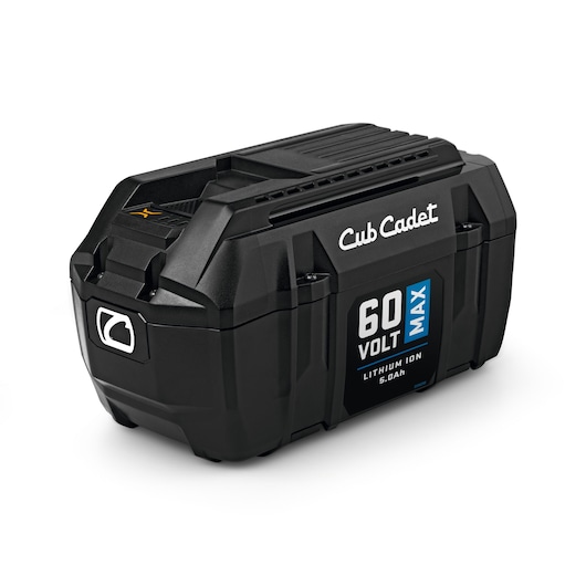 CubCadet 49AP602-603 black 60V MAX lithium-ion 5.0Ah battery on white background, product side angle.