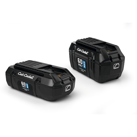 CubCadet 49AP602-603 two black 60V MAX lithium-ion batteries, angled view on white background.