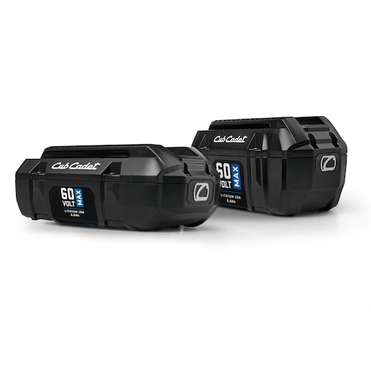 CubCadet 49AP602-603 black 60V MAX lithium ion batteries, side angle on white background, battery photography.