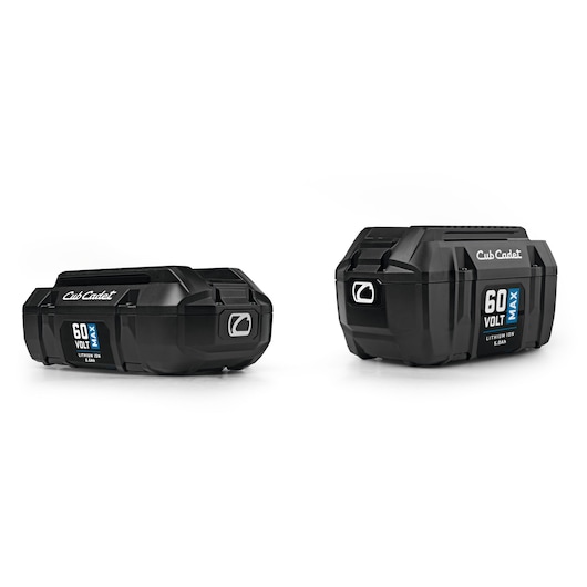 CubCadet 49AP602-603 60V Max lithium-ion batteries, black, side and angled view, on white background.