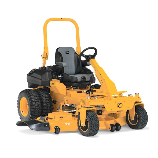 CubCadet 53ALHMUY603 zero-turn lawn mower, yellow, side angle, visible seat and steering wheel.