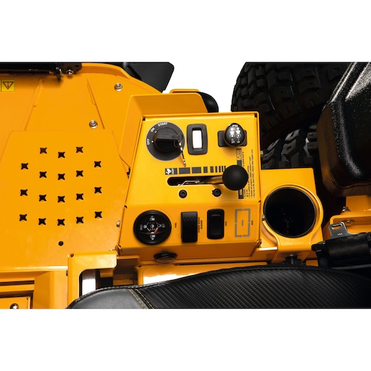 CubCadet Z9-183id SKU 53ALHMUY603 mower control panel with yellow finish, knobs, switches, and cup holder, top view.