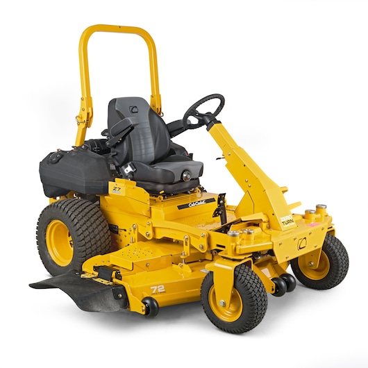 Photo of CubCadet 53BIHKUY603 zero-turn riding mower, yellow with black seat, side angle on white background.