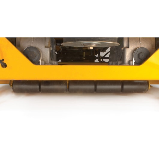 CubCadet 59A30052150 mower deck roller, yellow mower part, front angle, on white background.